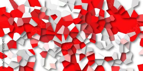 Bright red and white abstract geometric mosaic with irregular polygonal facets and subtle 3D effect creating a dynamic and energetic background