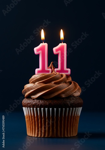 Celebratory eleventh birthday cupcake with chocolate frosting and candles