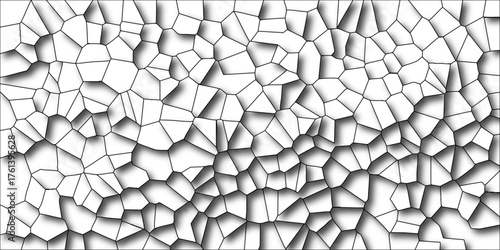 White abstract geometric Voronoi cell pattern with black outlines and pronounced drop shadows on a bright white background