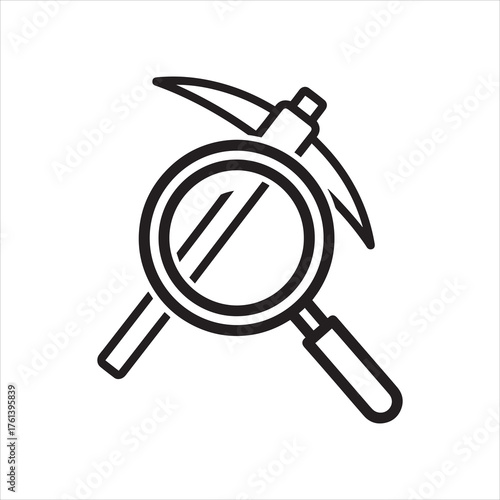 Magnifying glass over pickaxe icon symbolizing mining research exploration and discovery
