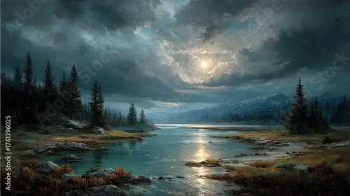 Wallpaper Mural Moody Oil Painting: Dark Landscape Under the Moonlight in Lake Forest Torontodigital.ca
