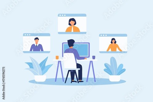 Person working from home on a video conference call with colleagues