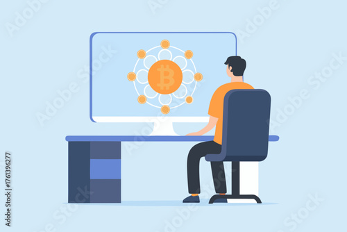 Man sitting at desk looking at computer screen displaying bitcoin network and cryptocurrency concept