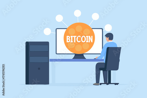 Person using a computer to interact with the bitcoin cryptocurrency network and digital assets