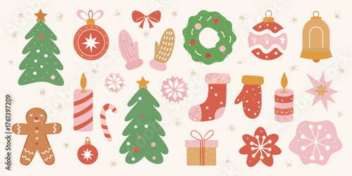 Collection of festive christmas icons and decorations in a soft pastel color palette