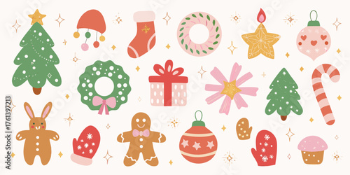 Collection of cute hand drawn christmas ornaments and decorations on a white background