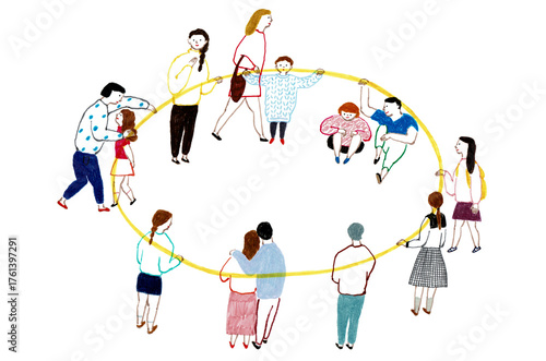 手描きイラスト　輪になってつながる人々