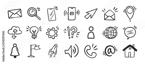 Contact doodle hand drawn icon. Isolated communication signs for business