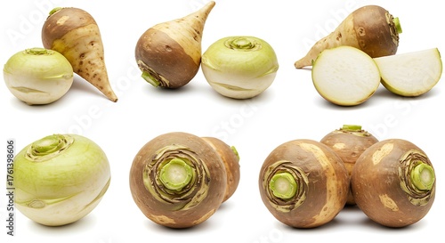 Collection of fresh whole and sliced turnips on a white background.