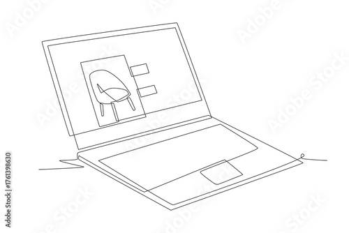 Laptop displays online sales screen of handmade chairs. Selling handmade products concept one-line drawing