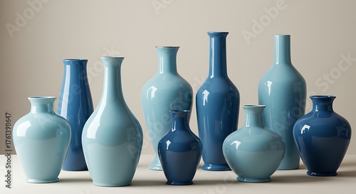 Collection of elegant blue ceramic vases in various shapes and sizes.
