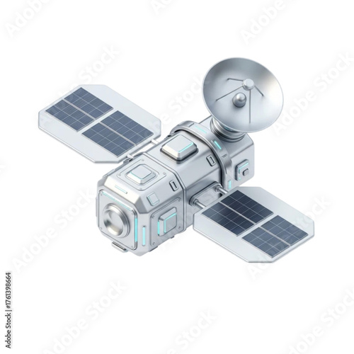 Futuristic space station with solar panels and satellite dish, advanced technology for orbital exploration and communication in outer space, detailed 3D render