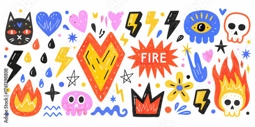 Vibrant hand drawn icons featuring fire hearts skulls lightning bolts and a mystical eye on white background