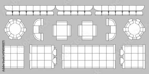 Top view blueprint of modular seating arrangements including sofas and chairs for interior design planning