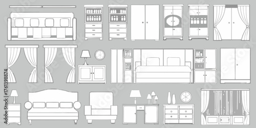 Collection of stylized line drawings of various furniture items and home decor elements on a gray background