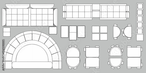 Top down view architectural floor plan elements of modern furniture including sofas chairs tables and modular seating arrangements