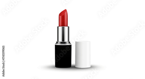 Upright opened red lipstick with silver and black tube white cap laying beside on a white surface