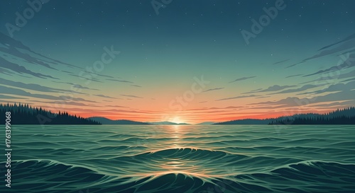 Serene ocean sunset over a tranquil seascape with colorful sky and gentle waves.