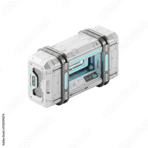 Isometric 3D render of a futuristic sci-fi supply crate. A high-tech white cargo container with glowing lights for a space colony or rocket landing pad