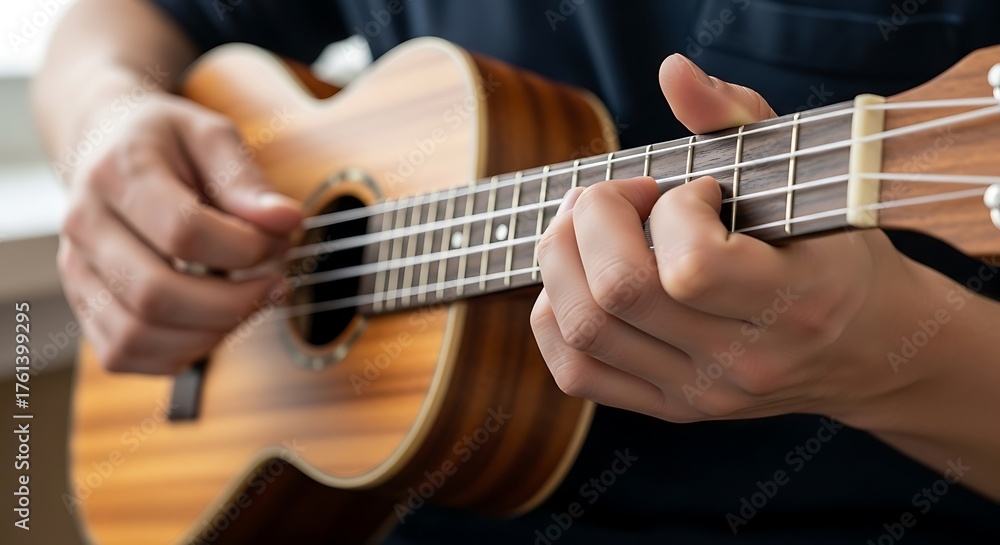 Obraz premium Close-up of hands playing a ukulele with focus on fretboard.