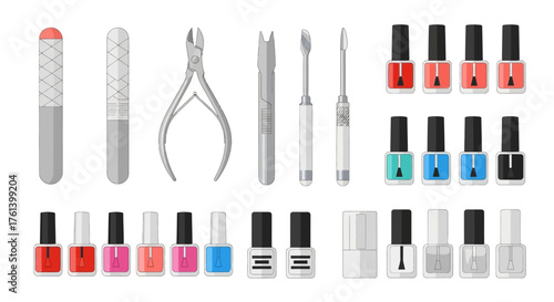 Manicure set with files clippers cuticle tools  nail polish bottles in assorted colors
