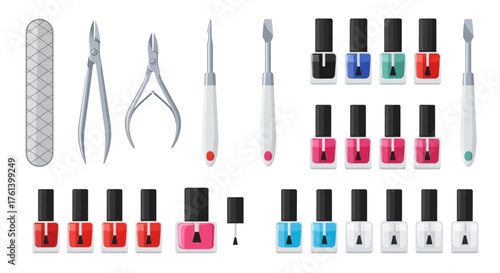 Manicure tools  nail polishes file nippers pushers plus shades like red pink blue black green  white