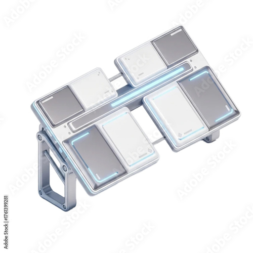 A detailed 3D illustration of a futuristic modular energy panel array with glowing blue highlights. Sci-fi technology for a space colony or rover