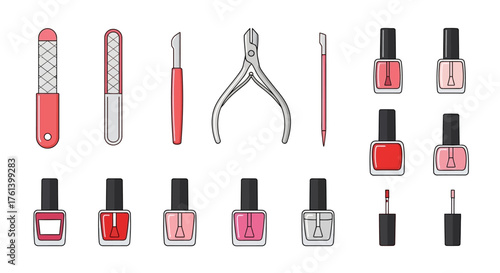 Manicure tools Nail files cuticle nippers pushers  polishes in various colors neatly arranged