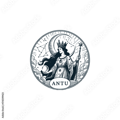 Vintage engraving of the Sumerian Goddess Antu, the ancient Mesopotamian celestial deity