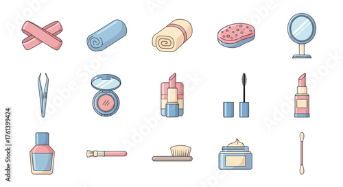Illustration of beauty and hygiene products in rows