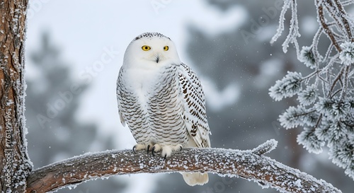 Majestic snowy owl perched on a frost-covered branch in a winter wonderland.