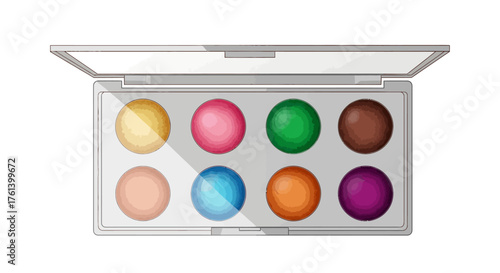 Open eyeshadow palette with eight colorful round eyeshadows in gray compact case