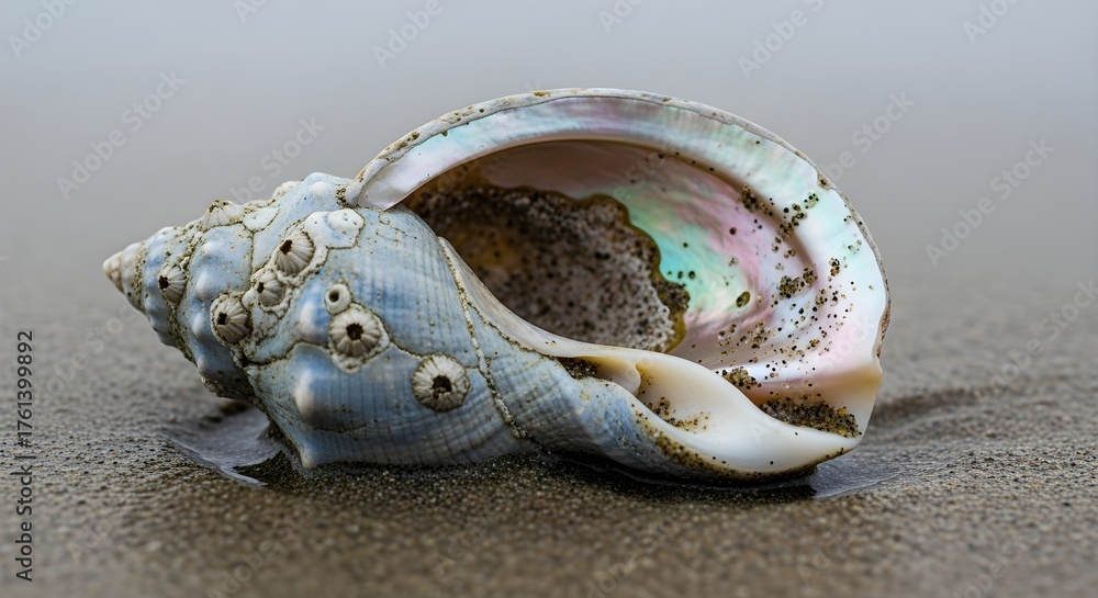 Naklejka premium Iridescent seashell resting on wet sand, showcasing natural beauty and coastal serenity.