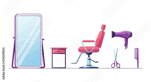 An illustration of a barber or hair salon setting with essential tools and furniture on a white background
