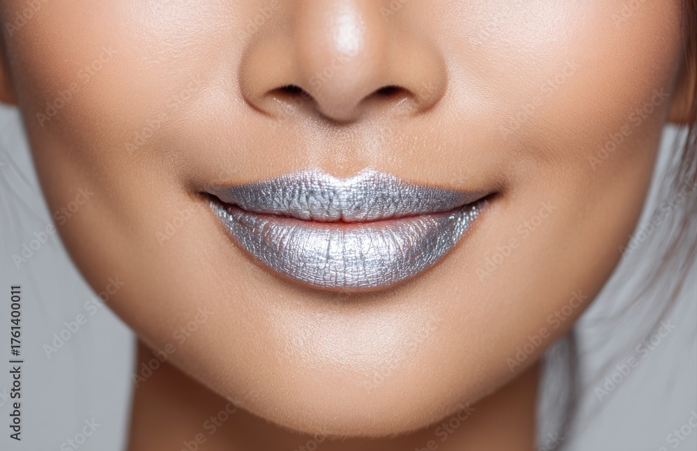 Obraz premium Woman's mouth with trendy silver metallic lipstick