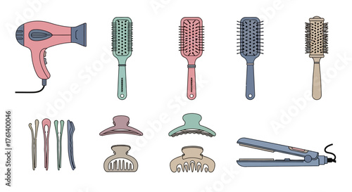 Array of hair styling tools dryer brushes clips pins  straightener on a white background