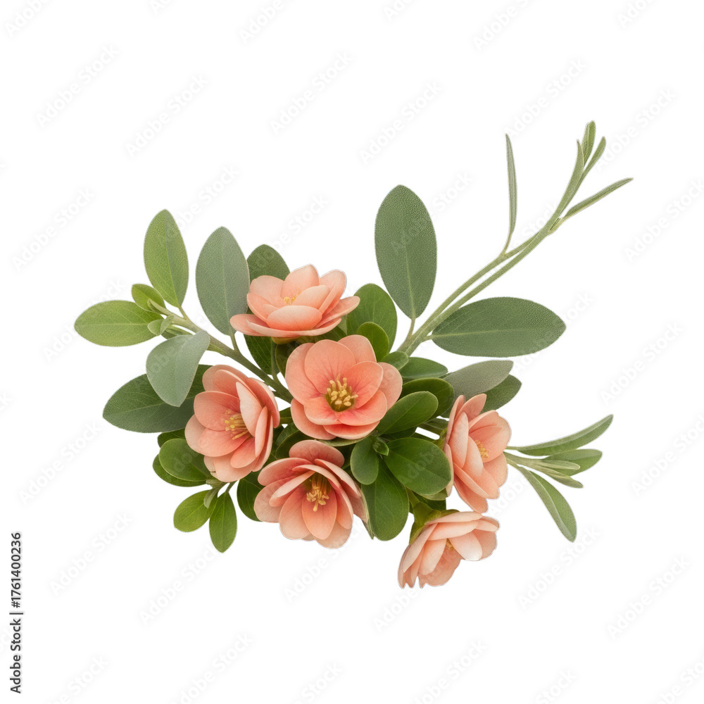 Fototapeta premium Peach Camellia Flowers and Green Leaves isolated on a transparent background