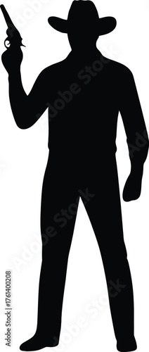 Silhouette of a cowboy holding a revolver ready for action western art vector