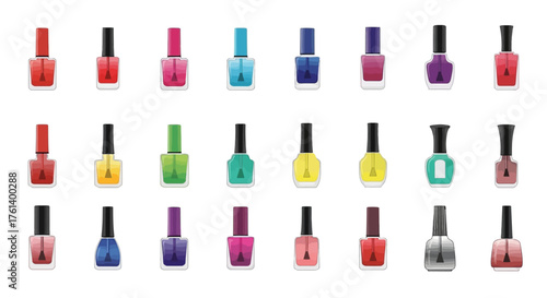 Numerous nail polish bottles are arranged in rows against a white background