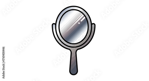 A round handheld mirror with a handle and an inner reflective surface