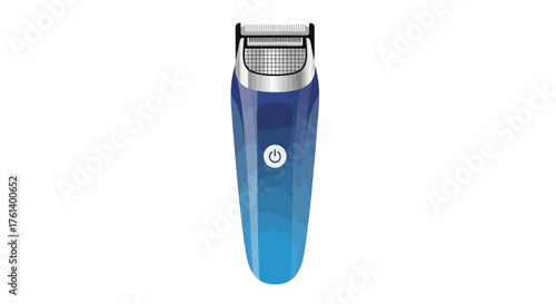 A blue electric trimmer is shown in a simple isolated image