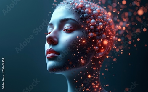 Digital human face. Artificial intelligence AI. Dispersion dissolve disintegration. 3d Render illustration. High quality