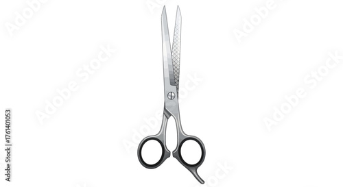Upright metal scissors with black finger holes poised for cutting against a blank backdrop