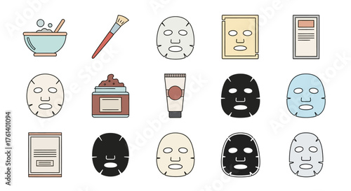 A cartoonstyle set of skincare icons bowls brushes masks containers and instructions are all depicted