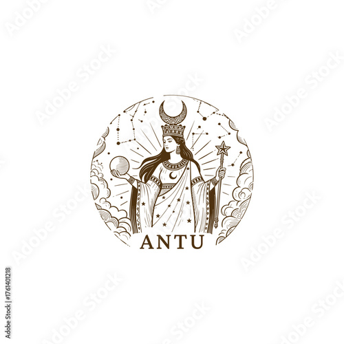 Vintage engraving of the Sumerian Goddess Antu, the ancient Mesopotamian celestial deity