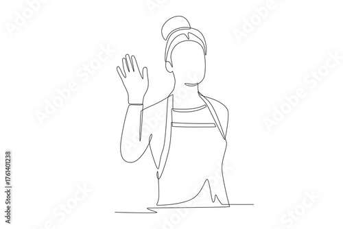 Cafe waiter waves to customer. Greeting familiar customers concept one-line drawing