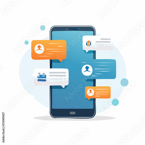 A smartphone displaying multiple incoming message bubbles with user icons and message content, against a light blue backdrop.