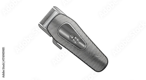 A gray electric hair clipper with a textured handle a switch and a blade is shown against a white backdrop
