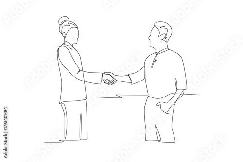 Office staff shake hands with regular customers. Greeting familiar customers concept one-line drawing