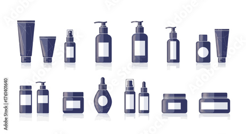 Group of blue cosmetics containers with white labels arranged in two rows with reflections beneath